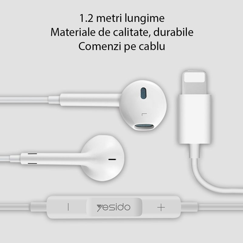 TV, Audio-Video si Foto - Portabile audio - Casti audio - Casti Audio Stereo Lightning cu Microfon, 1.2m, Yesido (YH28), alb - Infinity.ro