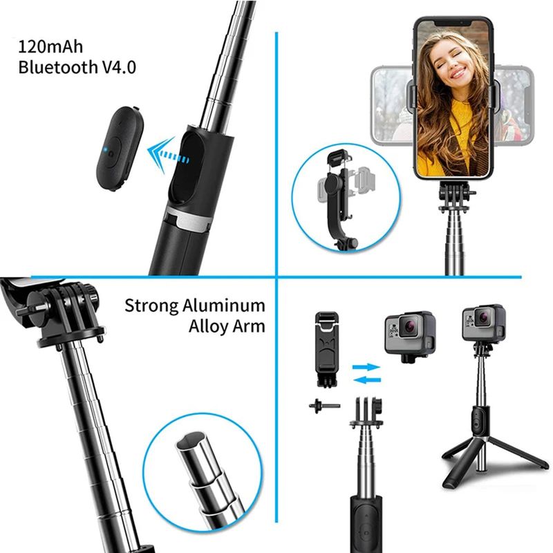 Laptop, Telefoane si Tablete - Telefoane mobile si accesorii - Accesorii Telefoane - Selfie stick-uri - Selfie Stick Stabil cu Trepied si Telecomanda, 103cm, Techsuit (Q02), negru - Infinity.ro