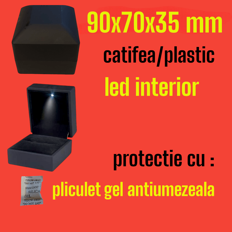 Fashion, accesorii si bijuterii - Femei - Bijuterii femei - Cutii bijuterii - Caseta ornamentala bijuterii, cu led, pentru ocazii deosebite, 90x70x35 mm, plastic, negru, catifea, cu pliculet gel antiumezeala - Infinity.ro