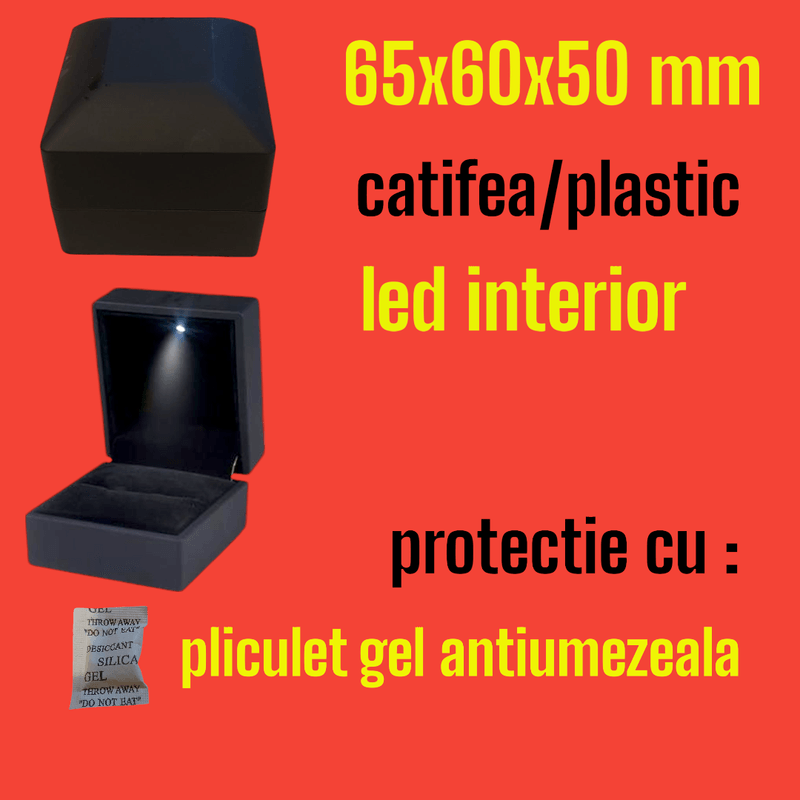Fashion, accesorii si bijuterii - Femei - Bijuterii femei - Cutii bijuterii - Caseta ornamentala bijuterii, cu led, pentru ocazii deosebite, 65x60x50 mm, plastic, negru, catifea, cu pliculet gel antiumezeala - Infinity.ro