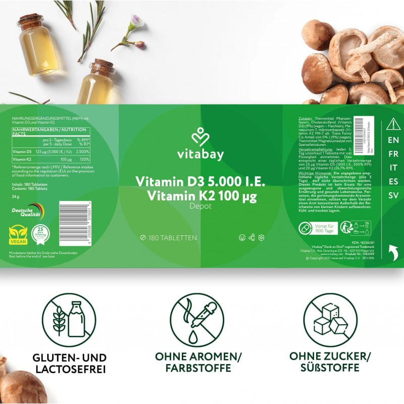 Ingrijire personala si Cosmetice - Sanatate si wellness - Suplimente alimentare - Vitamine si minerale - Vitamin D3 Depot 5000 IU + Vitamin K2 100mcg - 180 Tablete vegane, Vitabay - Infinity.ro