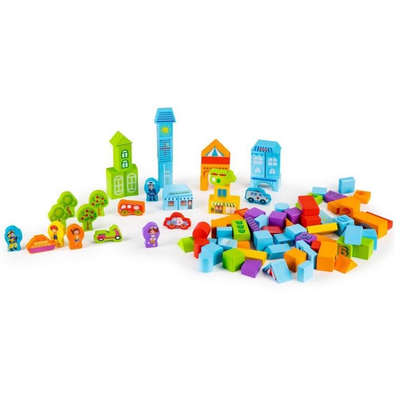 Jucarii, Copii si Bebe - Jucarii si jocuri - Seturi de constructie si cuburi - Cuburi si caramizi - Set educational cu blocuri din lemn 100 piese orasel Ecotoys SR19001 - Infinity.ro
