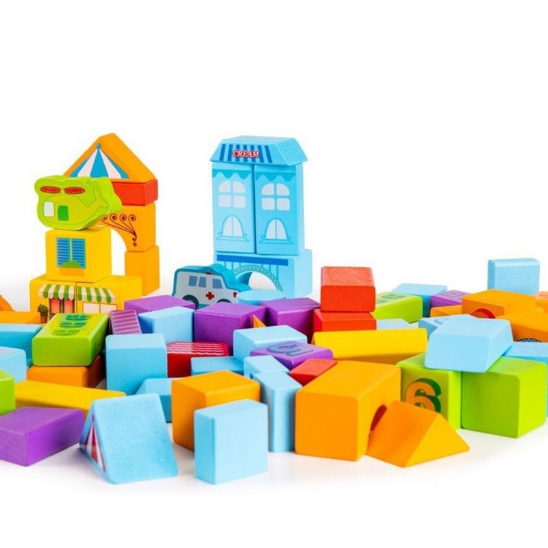 Jucarii, Copii si Bebe - Jucarii si jocuri - Seturi de constructie si cuburi - Cuburi si caramizi - Set educational cu blocuri din lemn 100 piese orasel Ecotoys SR19001 - Infinity.ro