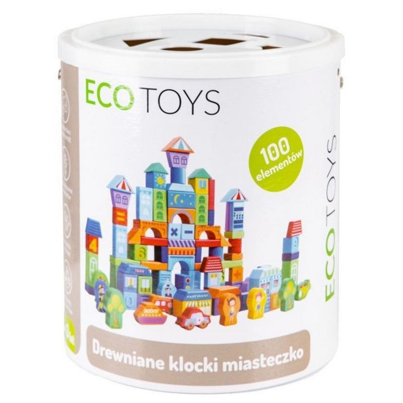 Jucarii, Copii si Bebe - Jucarii si jocuri - Seturi de constructie si cuburi - Cuburi si caramizi - Set educational cu blocuri din lemn 100 piese orasel Ecotoys SR19001 - Infinity.ro