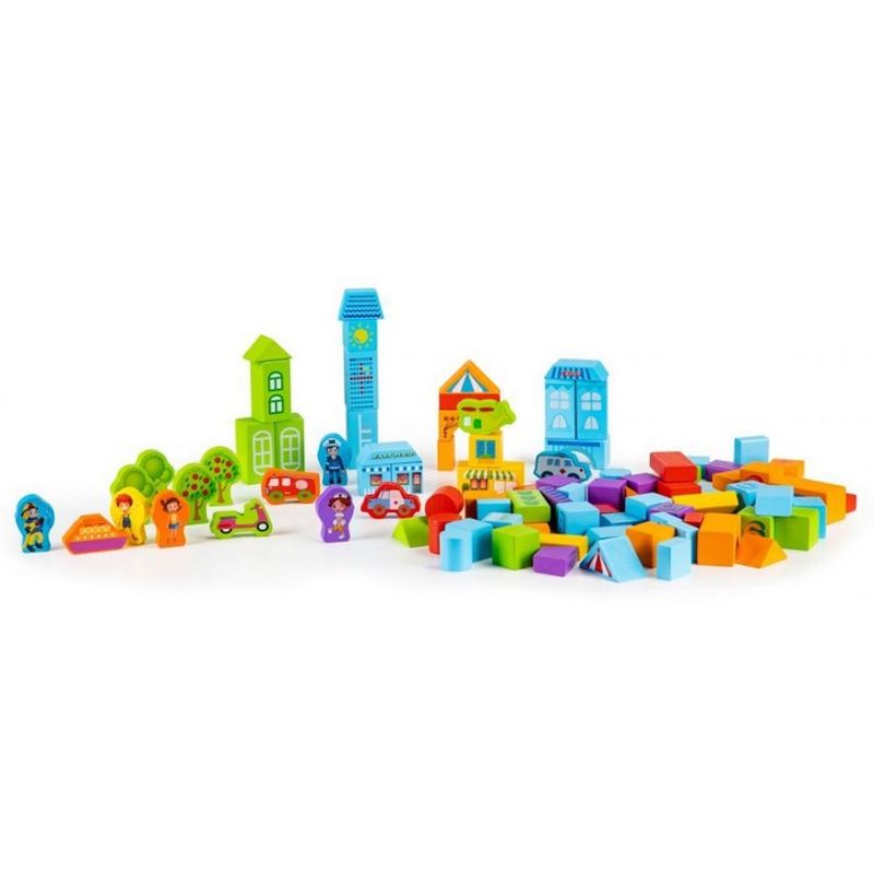 Jucarii, Copii si Bebe - Jucarii si jocuri - Seturi de constructie si cuburi - Cuburi si caramizi - Set educational cu blocuri din lemn 100 piese orasel Ecotoys SR19001 - Infinity.ro