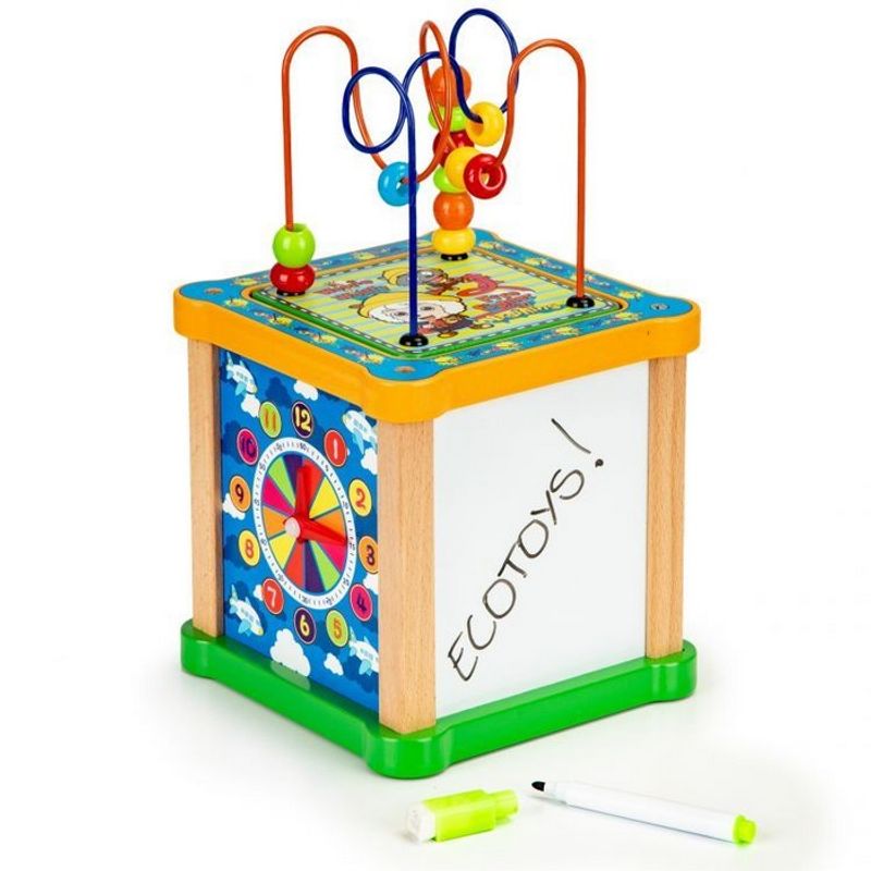 Jucarii, Copii si Bebe - Jucarii si jocuri - Seturi de constructie si cuburi - Cuburi si caramizi - Cub educational din lemn cu tabla Ecotoys HM015473 - Infinity.ro