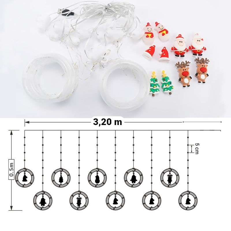 Casa si Gradina - Corpuri si surse de iluminat - Iluminat exterior - Instalatii luminoase exterior - Instalatie de Craciun cu 10 Cercuri LED si Figurine, Interconectabile, 3m, Lumina Alba Calda - Infinity.ro