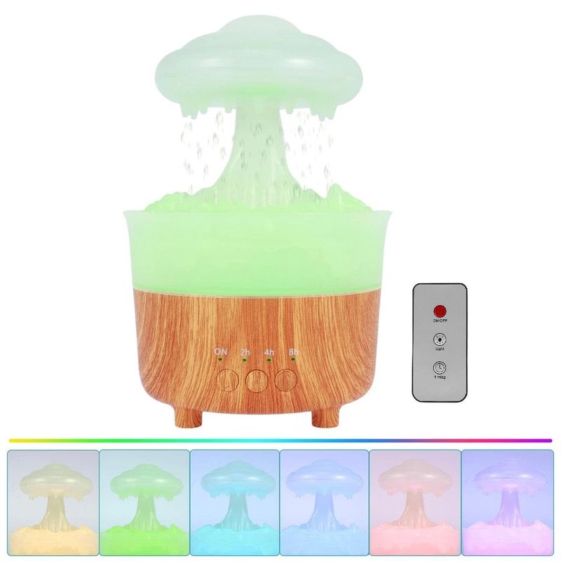 Electronice si Electrocasnice/Climatizare si sisteme de incalzire/Aparate filtrare aer/Umidificatoare - Umidificator in Forma de Norisor cu Picaturi de Ploaie, din Lemn si Plastic, cu Telecomanda, 230 ml - Infinity.ro