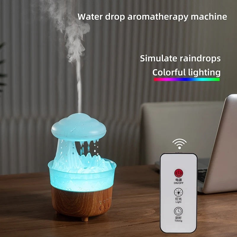 Electronice si Electrocasnice/Climatizare si sisteme de incalzire/Aparate filtrare aer/Umidificatoare - Umidificator in Forma de Norisor cu Picaturi de Ploaie, din Lemn si Plastic, cu Telecomanda, 230 ml - Infinity.ro