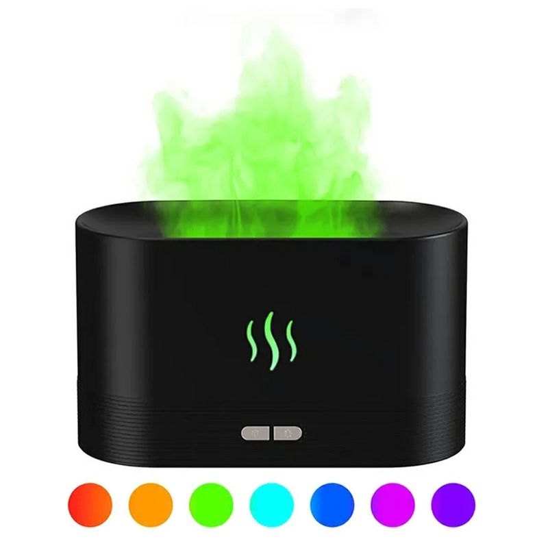 Casa si Gradina - Decoratiuni - Aromaterapie si lumanari - Difuzoare aromaterapie - Difuzor Aromaterapie si Umidificator cu Efect Flacara si Ultrasunete, 3 in 1, LED RGB, 180ml, 17x10x7cm, Negru - Infinity.ro