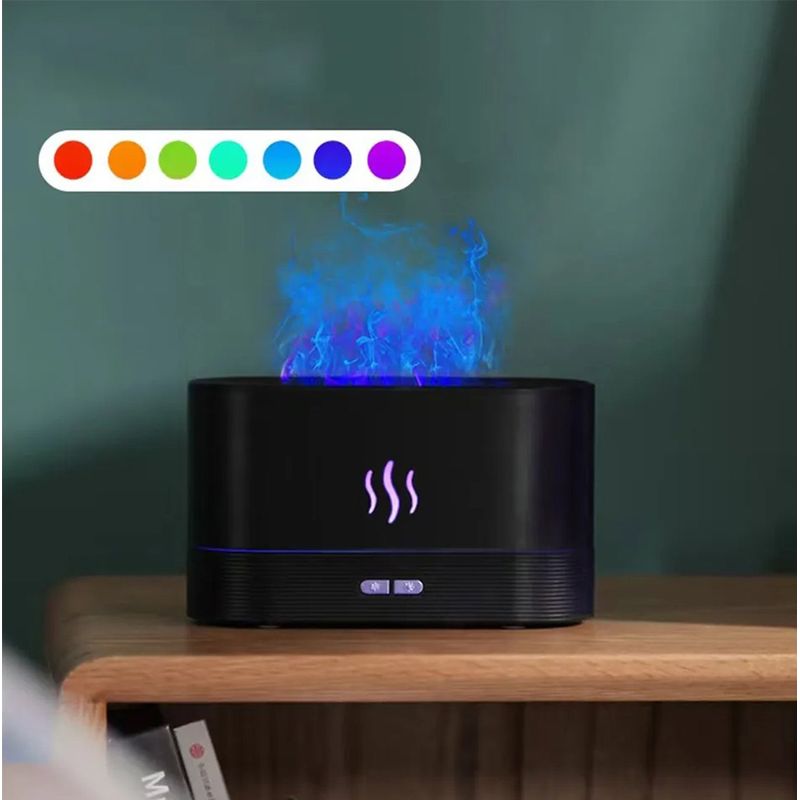 Casa si Gradina - Decoratiuni - Aromaterapie si lumanari - Difuzoare aromaterapie - Difuzor Aromaterapie si Umidificator cu Efect Flacara si Ultrasunete, 3 in 1, LED RGB, 180ml, 17x10x7cm, Negru - Infinity.ro