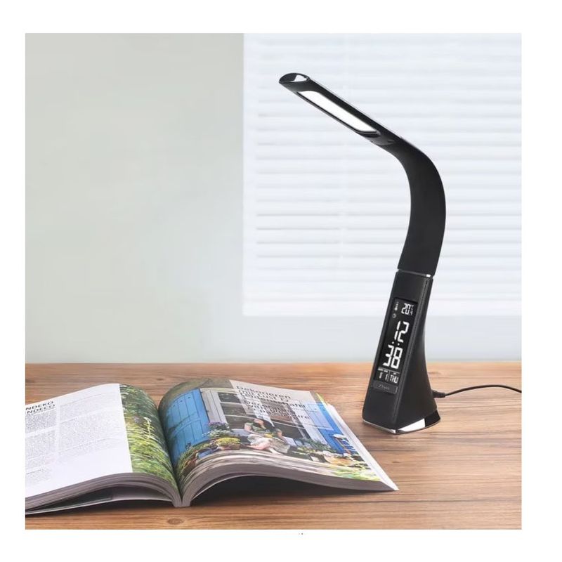 Casa si Gradina - Corpuri si surse de iluminat - Veioze si lampi - Lampadare - Lampa LED de birou, brat flexibil, cu ceas, alarma si calendar, 5W, A++, negru - Infinity.ro