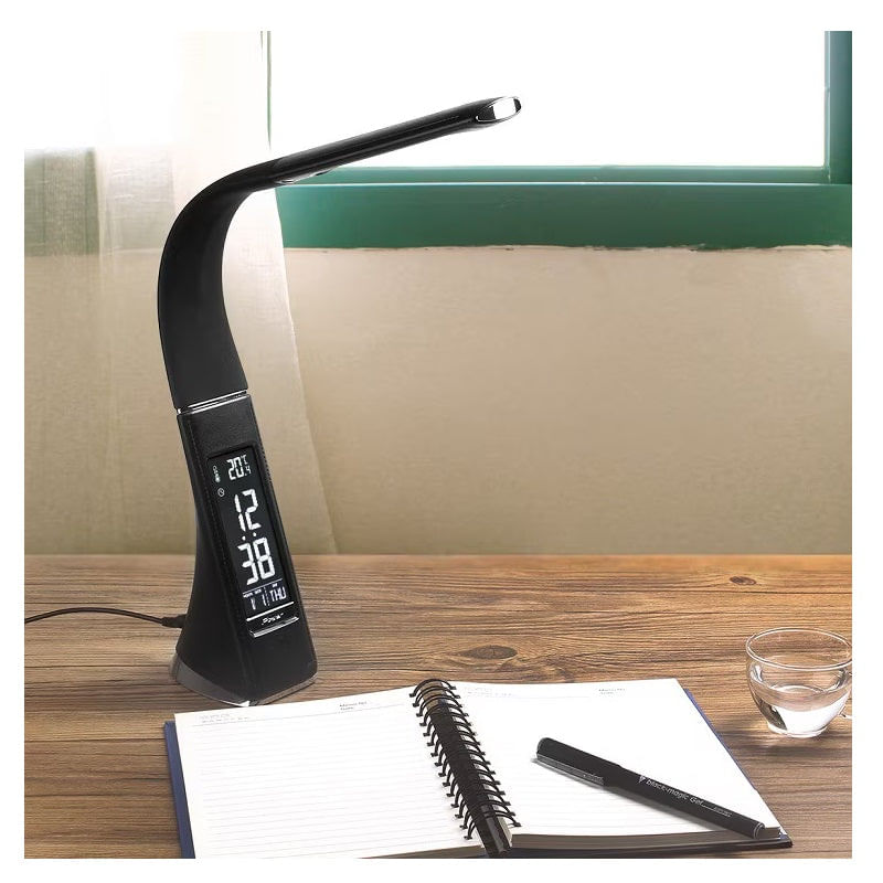 Casa si Gradina - Corpuri si surse de iluminat - Veioze si lampi - Lampadare - Lampa LED de birou, brat flexibil, cu ceas, alarma si calendar, 5W, A++, negru - Infinity.ro