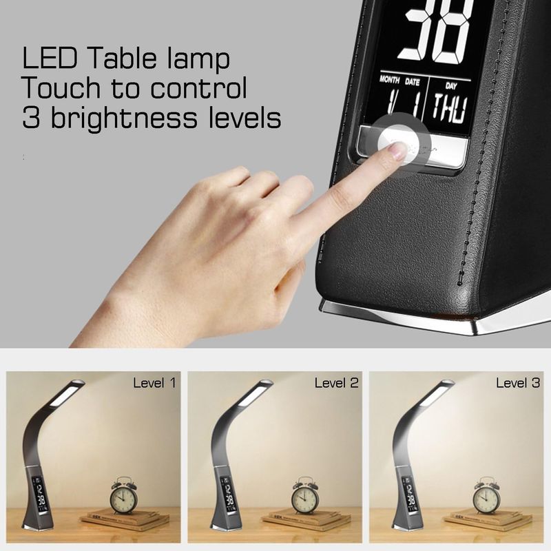 Casa si Gradina - Corpuri si surse de iluminat - Veioze si lampi - Lampadare - Lampa LED de birou, brat flexibil, cu ceas, alarma si calendar, 5W, A++, negru - Infinity.ro