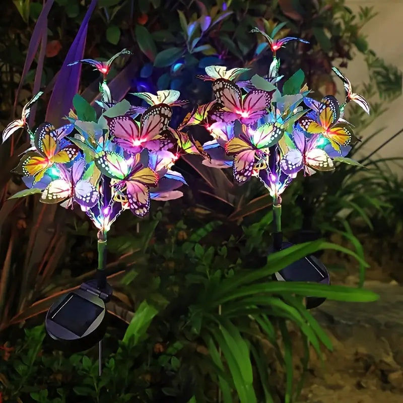 Casa si Gradina - Corpuri si surse de iluminat - Iluminat exterior - Lampi solare - Lampa Solara cu Fluturi Multicolori pentru Gradina sau Terasa, IP65, cu Senzor de Lumina, 65cm Inaltime - Infinity.ro