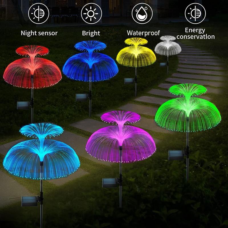 Casa si Gradina - Corpuri si surse de iluminat - Iluminat exterior - Lampi solare - 2 x Lampa solara decorativa, tip meduza, pentru gradina, cu lumina LED RGB, fibra optica, 7 culori - Infinity.ro