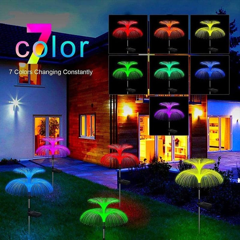 Casa si Gradina - Corpuri si surse de iluminat - Iluminat exterior - Lampi solare - 2 x Lampa solara decorativa, tip meduza, pentru gradina, cu lumina LED RGB, fibra optica, 7 culori - Infinity.ro