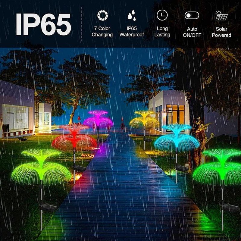 Casa si Gradina - Corpuri si surse de iluminat - Iluminat exterior - Lampi solare - 2 x Lampa solara decorativa, tip meduza, pentru gradina, cu lumina LED RGB, fibra optica, 7 culori - Infinity.ro