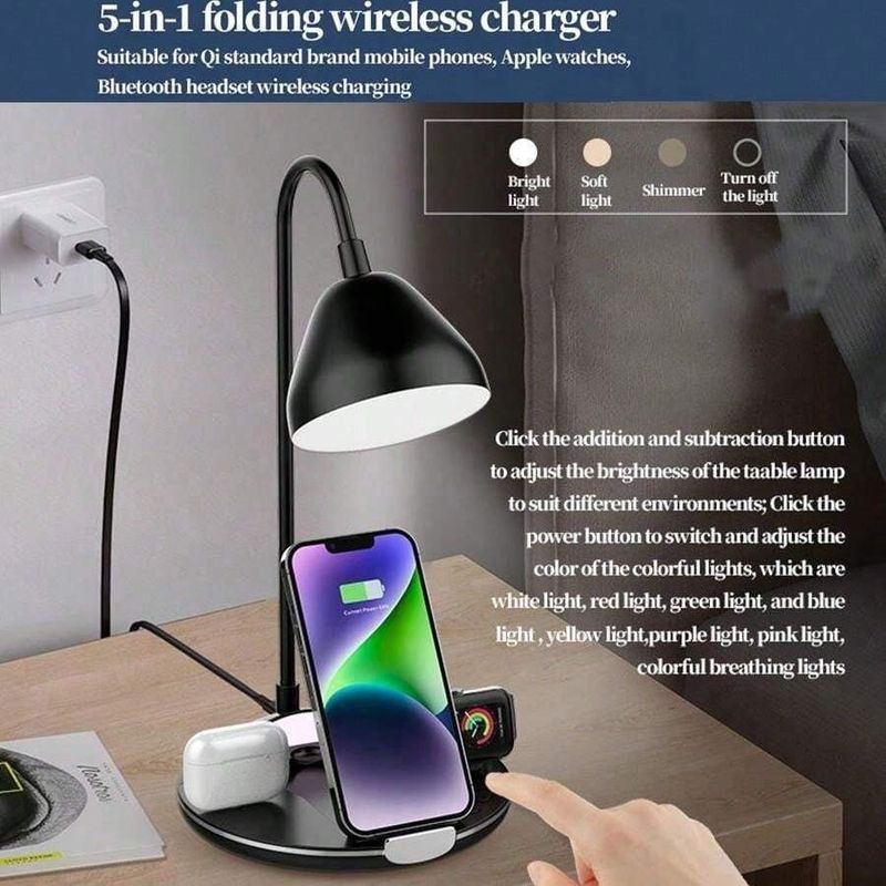 Laptop, Telefoane si Tablete - Telefoane mobile si accesorii - Accesorii Telefoane - Incarcatoare telefoane - Statie de incarcare rapida, 20W, pliabila, cu lampa LED, incarcare wireless pentru smartphone, casti si ceas, negru - Infinity.ro