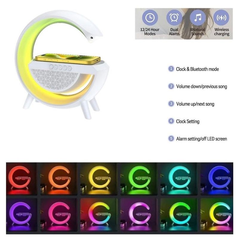 Laptop, Telefoane si Tablete - Telefoane mobile si accesorii - Accesorii Telefoane - Incarcatoare telefoane - Statie incarcare wireless multifunctionala cu Lampa LED RGB, Boxa Bluetooth, Ceas - Infinity.ro