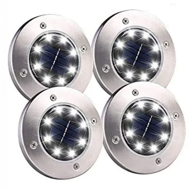 Casa si Gradina - Corpuri si surse de iluminat - Iluminat exterior - Lampi solare - Set 4 Lampi Solare METALICE Disk Lights Argintii pentru Gradina - Infinity.ro