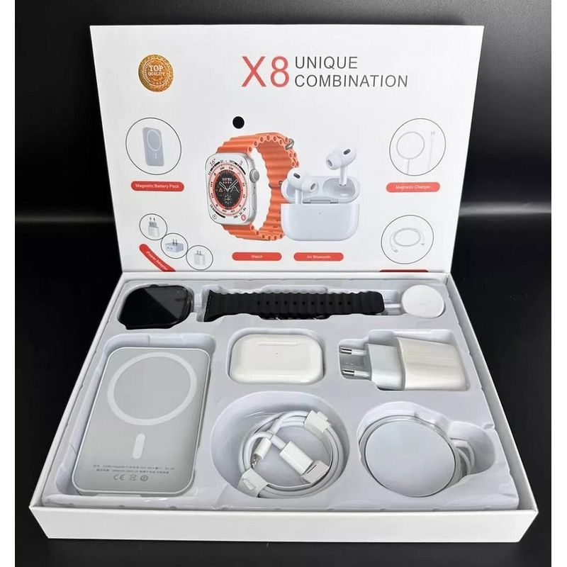 TV, Audio-Video si Foto - Portabile audio - Casti audio - Set complet cu Smartwatch X8 de 2", casti in-ear wireless, incarcator, cabluri, baterie externa, 8 in 1 - Infinity.ro