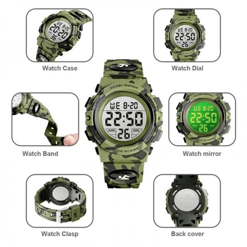 Casa si Gradina - Decoratiuni - Ceasuri - Ceas digital pentru copii, Sport, Rezistent la Apa 5atm, Iluminare Cadran, Verde Camuflaj - Verde Camuflaj - Infinity.ro