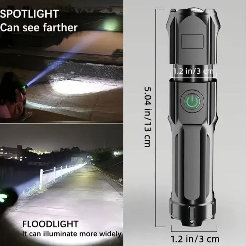 Casa si Gradina - Corpuri si surse de iluminat - Iluminat exterior - Lanterne - Lanterna puternica cu zoom, portabila, multifunctionala, reincarcabila cu USB, 3 moduri de iluminare, gri foarte inchis - Infinity.ro