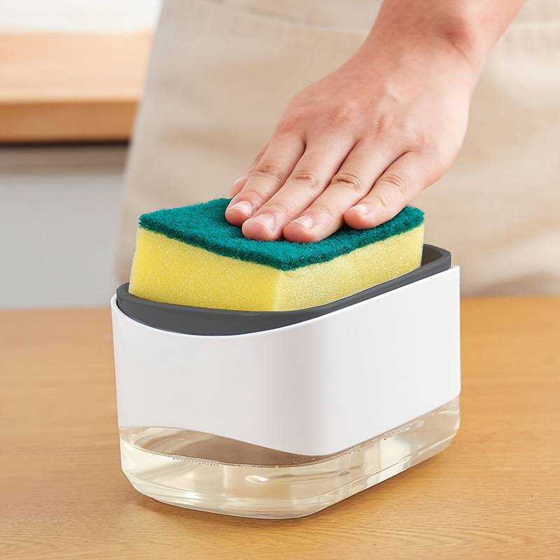 Casa si Gradina - Bucatarie si vesela - Organizare si depozitare bucatarie - Dispensere detergent - Dozator 2 in 1 pentru detergent lichid de vase, cu spatiu pentru burete, capacitate 350ml, alb cu gri - Infinity.ro