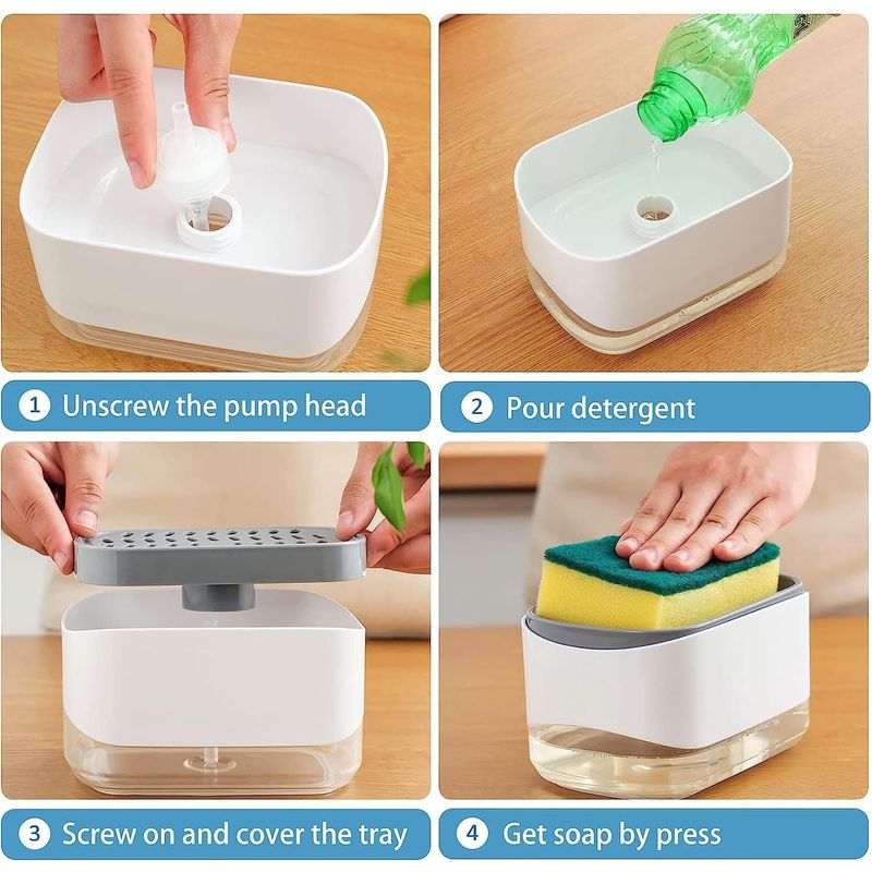 Casa si Gradina - Bucatarie si vesela - Organizare si depozitare bucatarie - Dispensere detergent - Dozator 2 in 1 pentru detergent lichid de vase, cu spatiu pentru burete, capacitate 350ml, alb cu gri - Infinity.ro