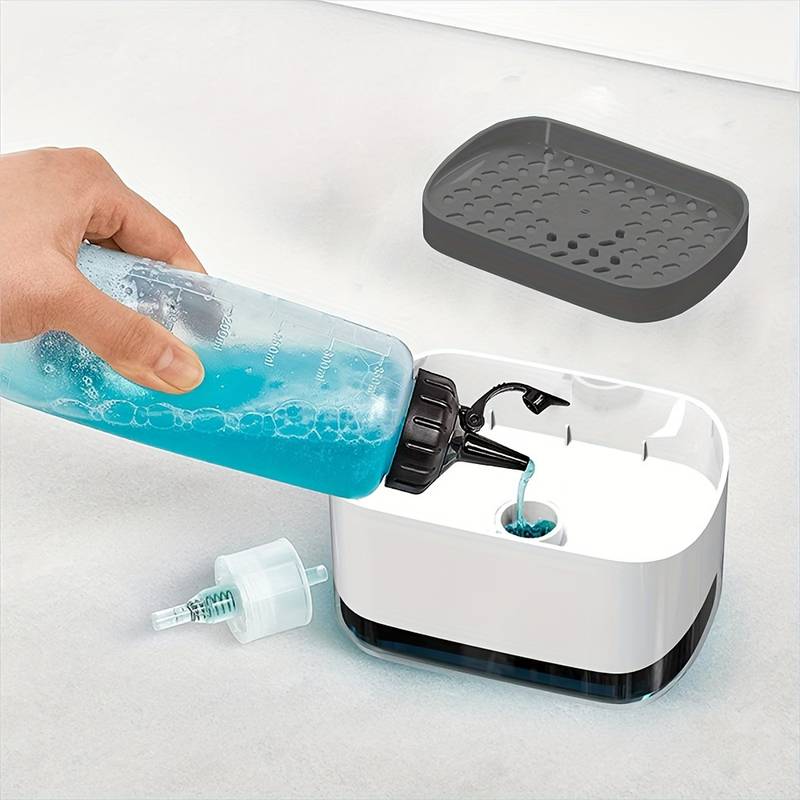 Casa si Gradina - Bucatarie si vesela - Organizare si depozitare bucatarie - Dispensere detergent - Dozator 2 in 1 pentru detergent lichid de vase, cu spatiu pentru burete, capacitate 350ml, alb cu gri - Infinity.ro