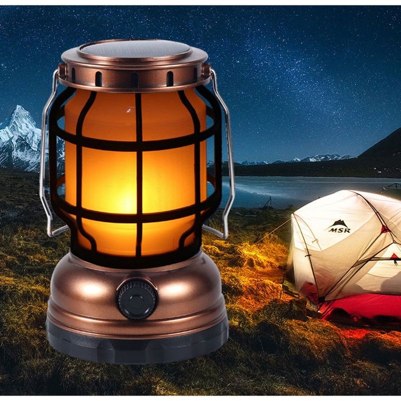 Casa si Gradina - Corpuri si surse de iluminat - Iluminat exterior - Lampi solare - Lampa Solara LED Tip Felinar, 2 moduri de iluminare, pentru camping, terasa, balcon, gradina - Bronz/Negru - Infinity.ro