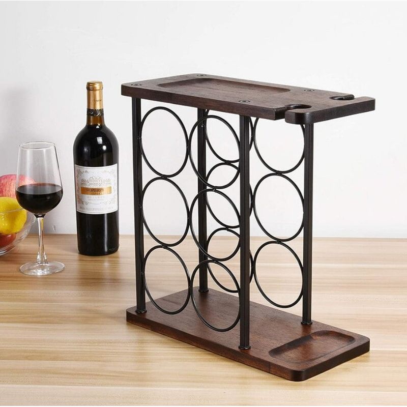Casa si Gradina - Bucatarie si vesela - Accesorii bar - Suporturi bauturi - Suport pentru 6 sticle vin si 2 pahare, din otel si lemn, 34x16x35 cm, negru-maro - Infinity.ro