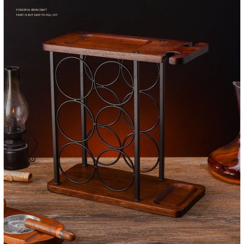 Casa si Gradina - Bucatarie si vesela - Accesorii bar - Suporturi bauturi - Suport pentru 6 sticle vin si 2 pahare, din otel si lemn, 34x16x35 cm, negru-maro - Infinity.ro