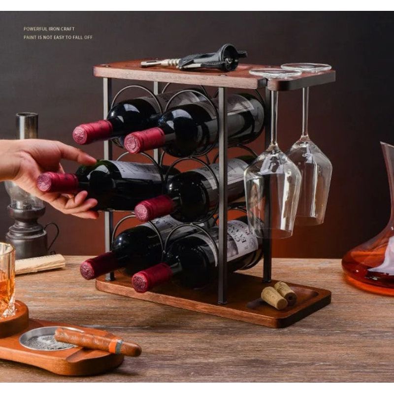 Casa si Gradina - Bucatarie si vesela - Accesorii bar - Suporturi bauturi - Suport pentru 6 sticle vin si 2 pahare, din otel si lemn, 34x16x35 cm, negru-maro - Infinity.ro