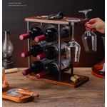 Casa si Gradina - Bucatarie si vesela - Accesorii bar - Suporturi bauturi - Suport pentru 6 sticle vin si 2 pahare, din otel si lemn, 34x16x35 cm, negru-maro - Infinity.ro