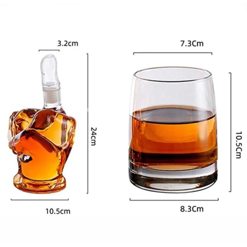 Casa si Gradina - Bucatarie si vesela - Accesorii bar - Carafe si decantoare - Set decantor din sticla 750ml in forma de mana + 2 pahare si suport din lemn, transparent-maro inchis - Infinity.ro