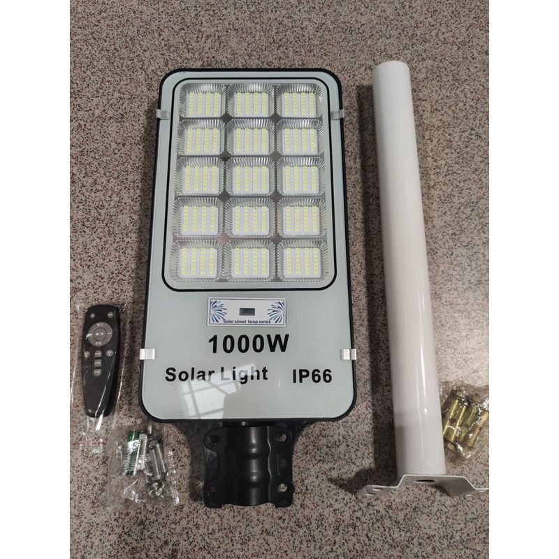 Casa si Gradina - Corpuri si surse de iluminat - Iluminat exterior - Lampi solare - Lampa solara stradala, putere 1000W, cu telecomanda, IP66, senzor de lumina si miscare, gri-negru - Infinity.ro