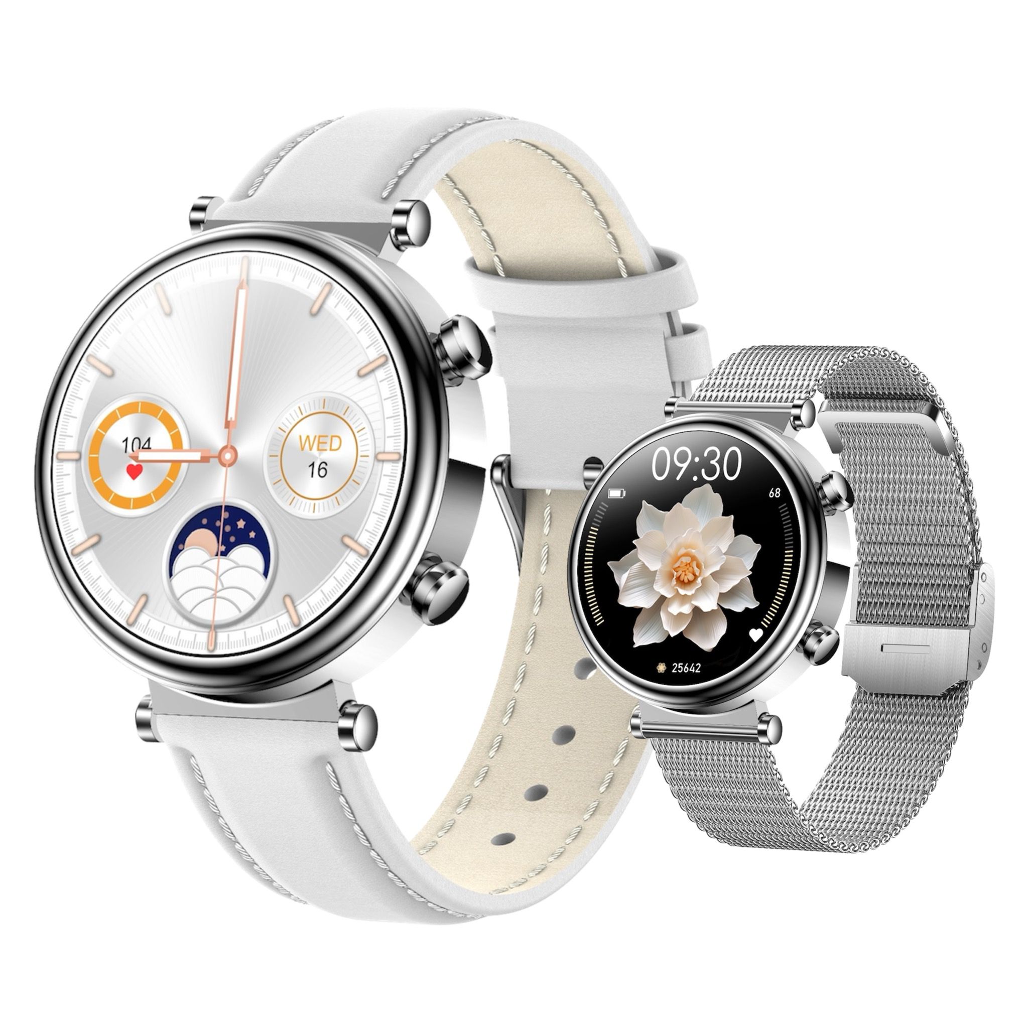 Ceas SmartWatch, 1.27"touch display, HD, monitorizarea sanatatii, apel bluetooth, notificari, 2 bratari, Silver