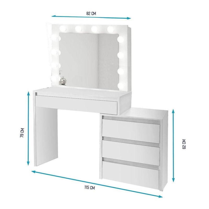 Casa si Gradina - Mobilier - Comode si corpuri - Masute de toaleta - Masa de toaleta/machiaj + Taburet, alba, cu oglinda si LED-uri, 115x43x145 cm - Infinity.ro