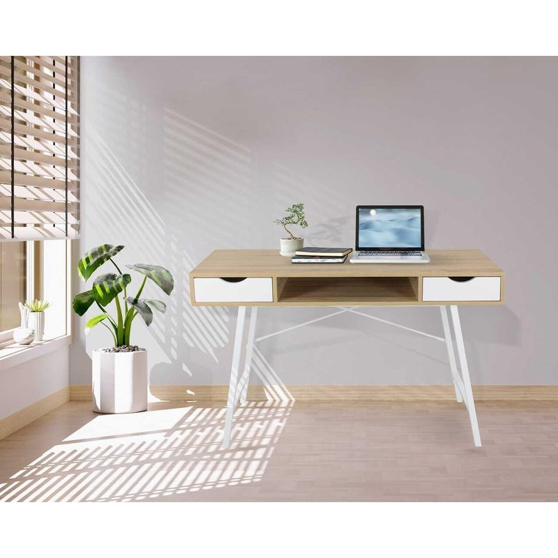 Casa si Gradina - Mobilier - Mese si birouri - Birouri - Birou calculator, Jumi, placa MDF, otel, 2 sertare, alb si natur, 120x48x76 cm - Infinity.ro