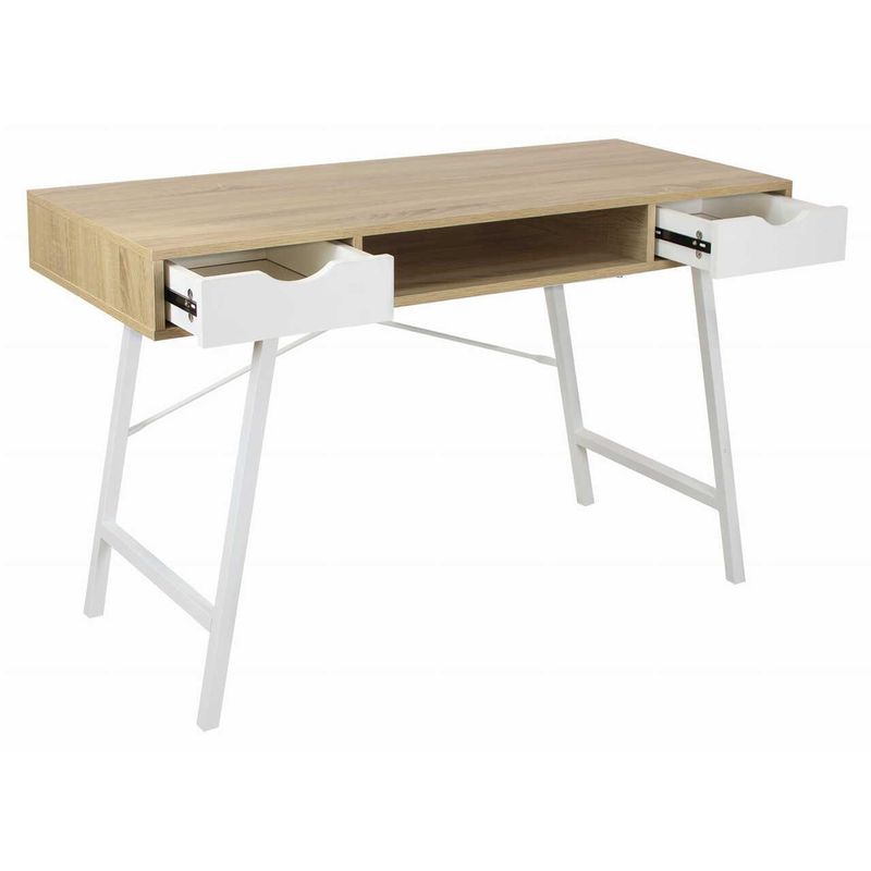 Casa si Gradina - Mobilier - Mese si birouri - Birouri - Birou calculator, Jumi, placa MDF, otel, 2 sertare, alb si natur, 120x48x76 cm - Infinity.ro