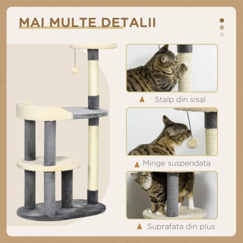 Petshop - Accesorii petshop - Jucarii animale - Ansambluri de joaca - Ansamblu de joaca pentru pisici, cu platforme si ciucure, gri si bej, 59.5x39.5x105 cm - Infinity.ro
