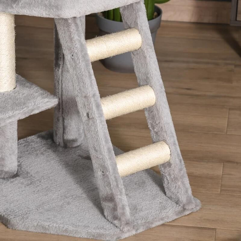 Petshop - Accesorii petshop - Jucarii animale - Ansambluri de joaca - Ansamblu de joaca pentru pisici, cu platforme, culcus, scara si ciucure, gri si bej, 40x50x120 cm - Infinity.ro