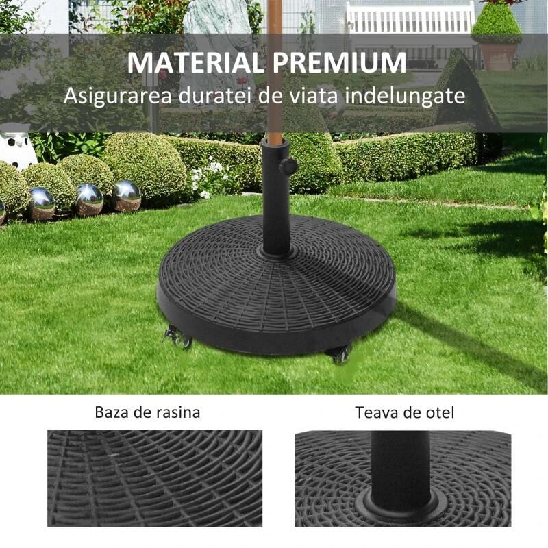 Casa si Gradina - Decoratiuni - Obiecte decorative - Suporturi umbrele - Suport pentru umbrela 38-48 mm, cu roti, rotund, HDPE, imitatie ratan, negru, 52x41 cm - Infinity.ro