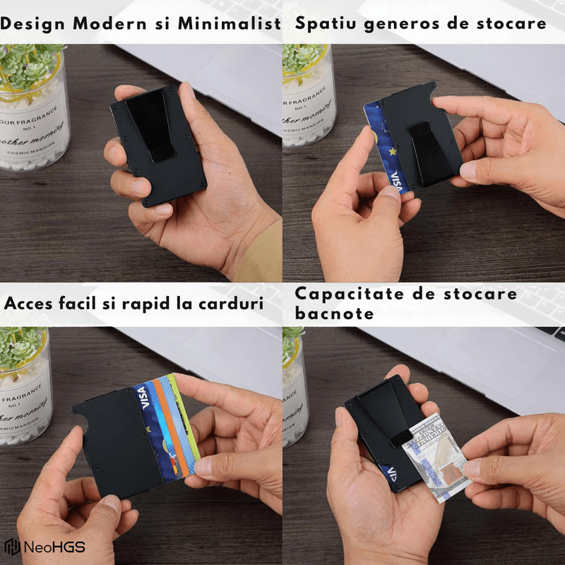 Fashion, accesorii si bijuterii - Barbati - Accesorii barbati - Portofele barbati - Portofel NeoHGS™, Tip Portcard, Protectie RFID Anti-Furt, Unisex, Material Aluminiu, Suport 12 Carduri si Bacnote,Negru - Infinity.ro
