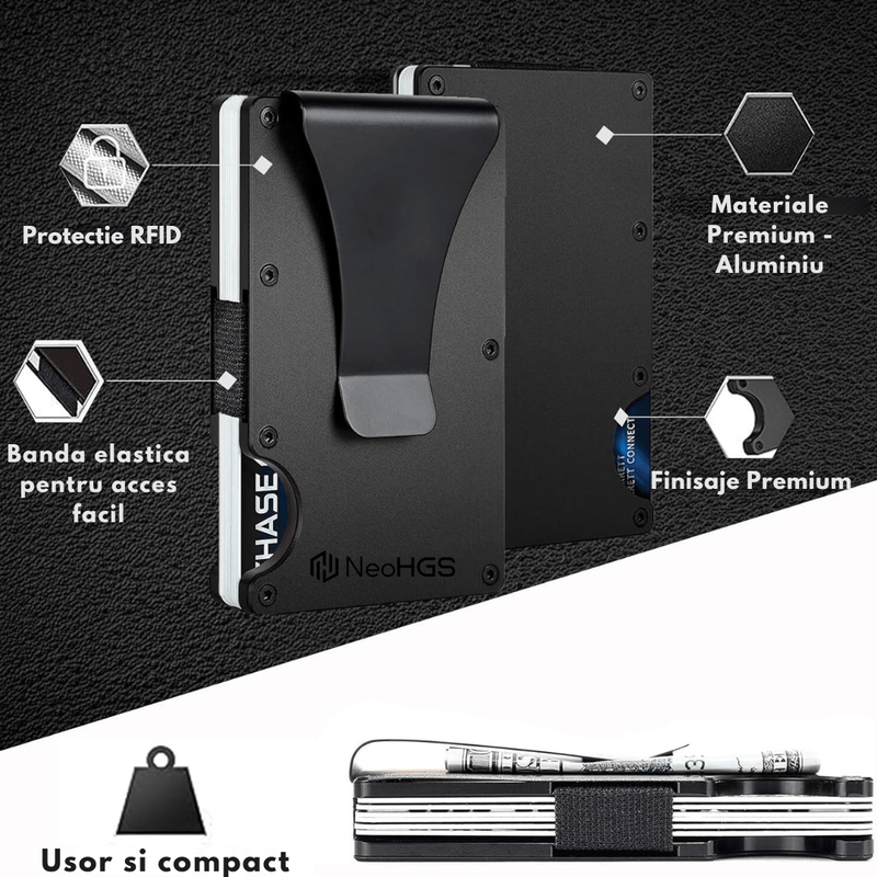Fashion, accesorii si bijuterii - Barbati - Accesorii barbati - Portofele barbati - Portofel NeoHGS™, Tip Portcard, Protectie RFID Anti-Furt, Unisex, Material Aluminiu, Suport 12 Carduri si Bacnote,Negru - Infinity.ro