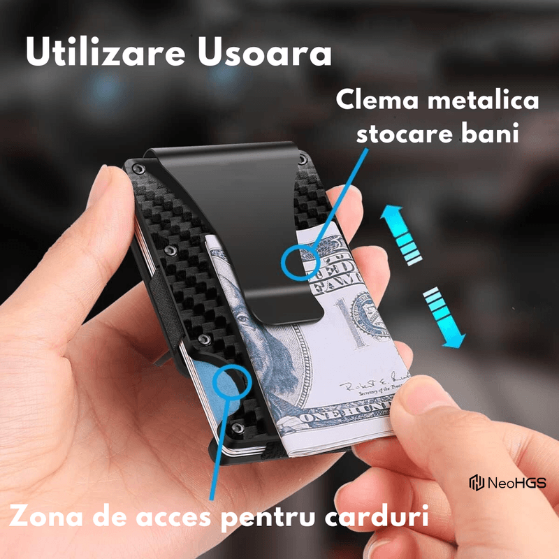 Fashion, accesorii si bijuterii - Barbati - Accesorii barbati - Portofele barbati - Portofel NeoHGS™, Fibra de Carbon, tip Portcard, Protectie RFID Anti-Furt, Unisex, Material Aluminiu/Fibra de Carbon - Infinity.ro