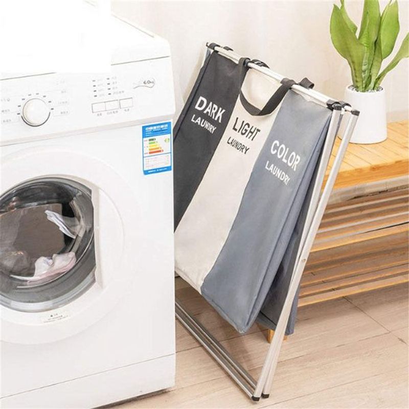 Market - Spalare si intretinere rufe - Uscatoare de rufe si accesorii - Cos de rufe pliabil, 3 compartimente, cadru din aluminiu si panza oxford, 135 L, 65.5 x 39.5 x 60 cm, Multicolor - Infinity.ro