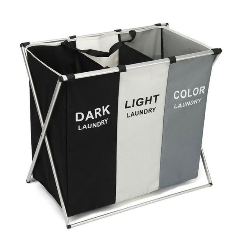 Market - Spalare si intretinere rufe - Uscatoare de rufe si accesorii - Cos de rufe pliabil, 3 compartimente, cadru din aluminiu si panza oxford, 135 L, 65.5 x 39.5 x 60 cm, Multicolor - Infinity.ro